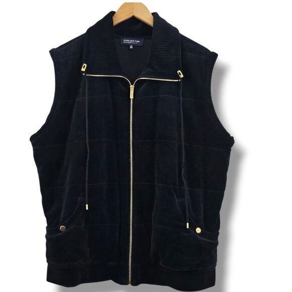 Jones New York Black Velour Vest Size 2X Gold Zipper Soft Comfy Layering Pockets - Picture 1 of 10
